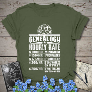 Genealogy Hourly Rate T-Shirt in Military Green by Genealogy Keepsakes