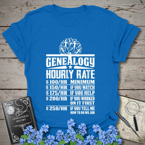 Genealogy Hourly Rate T-Shirt in Royal by Genealogy Keepsakes