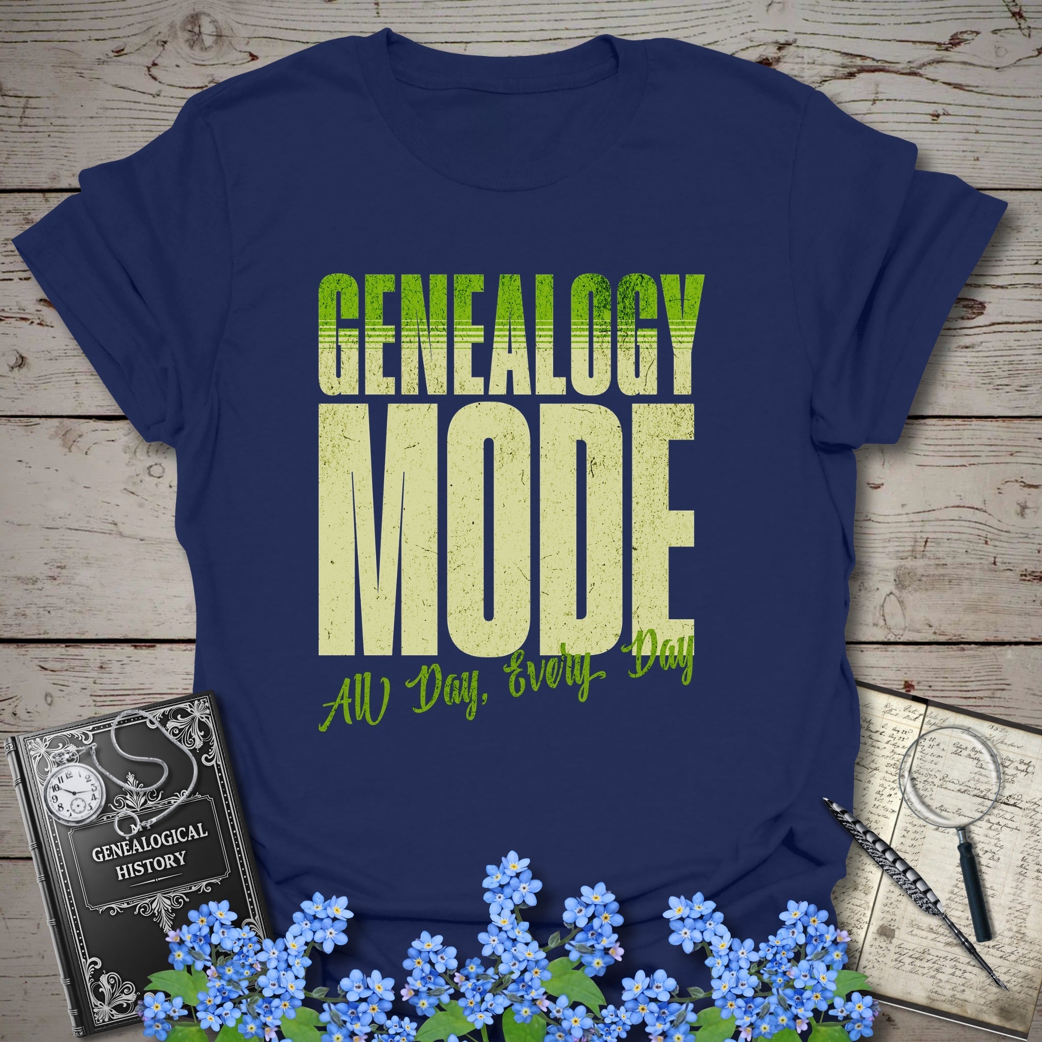 Genealogy Mode All Day Every Day T-Shirt in Navy by Genealogy Keepsakes