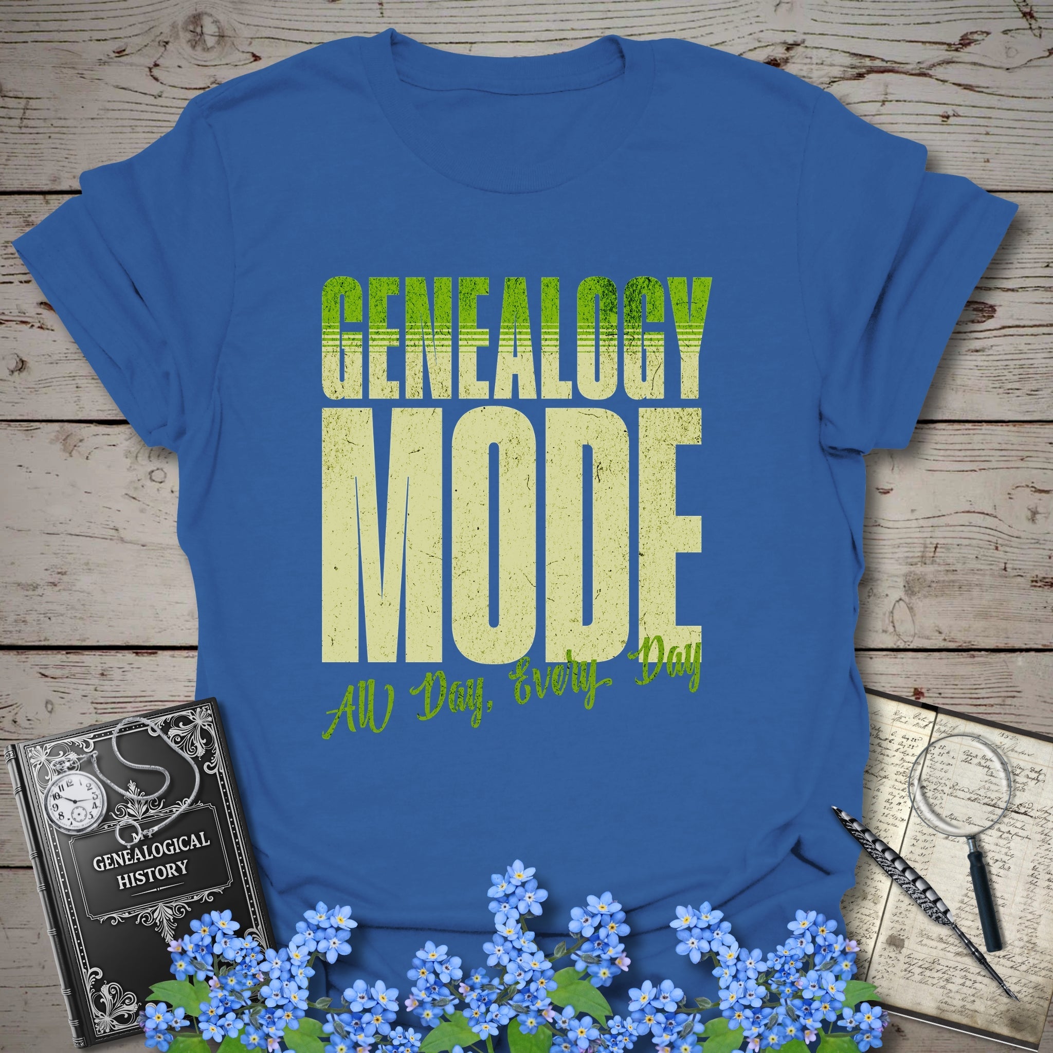 Genealogy Mode All Day Every Day T-Shirt in Royal by Genealogy Keepsakes