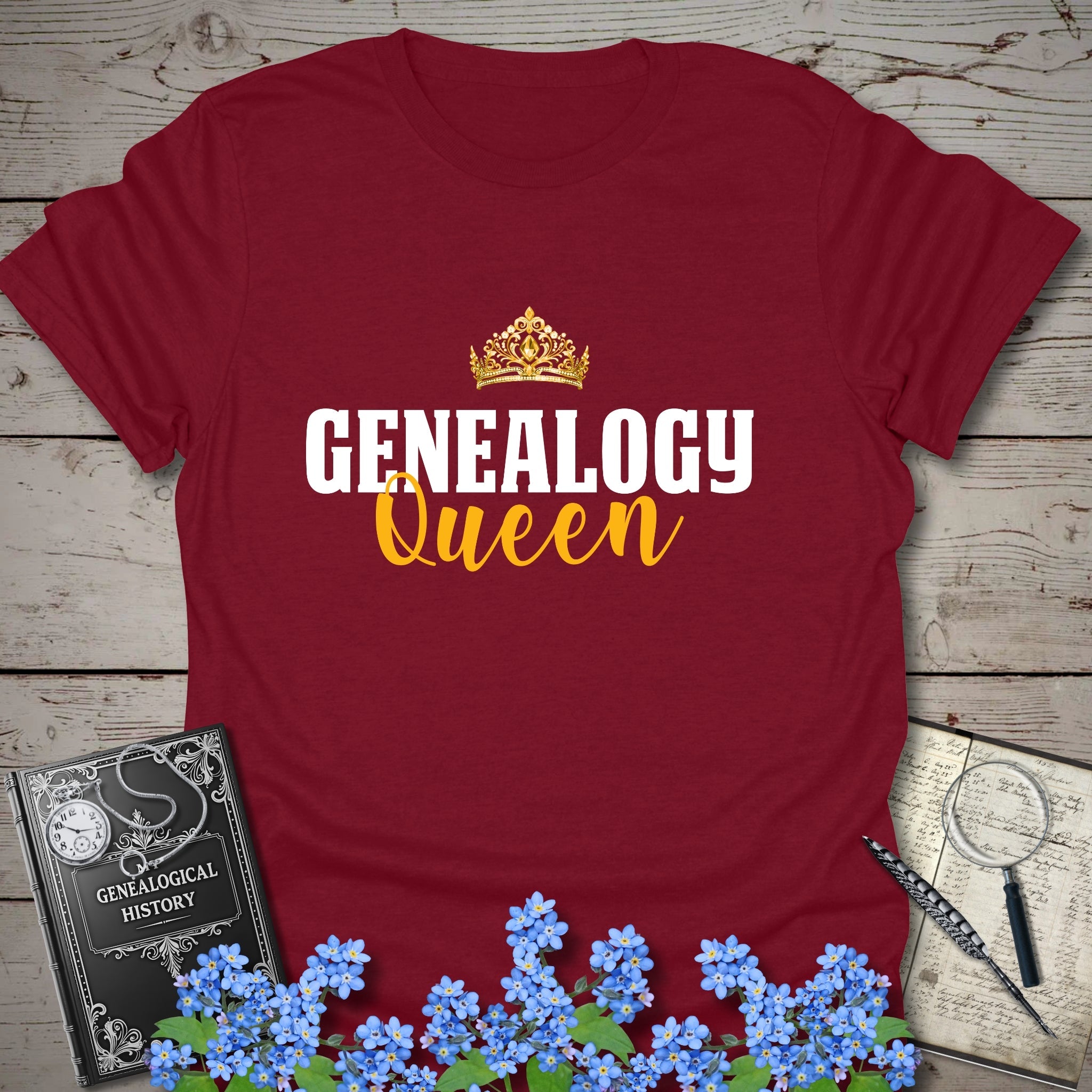 Genealogy Queen T-Shirt in Cardinal Red by Genealogy Keepsakes