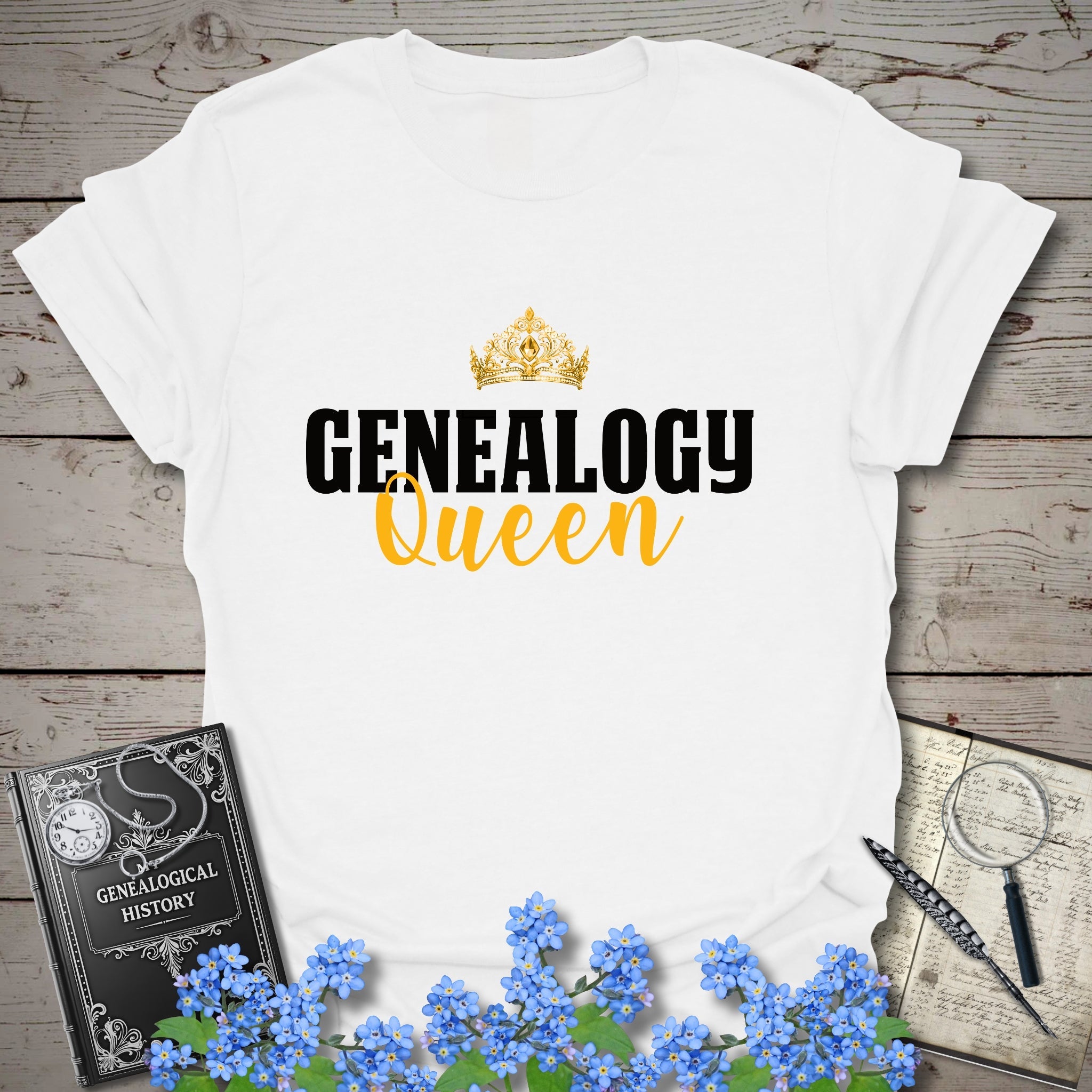 Genealogy Queen T-Shirt in White by Genealogy Keepsakes