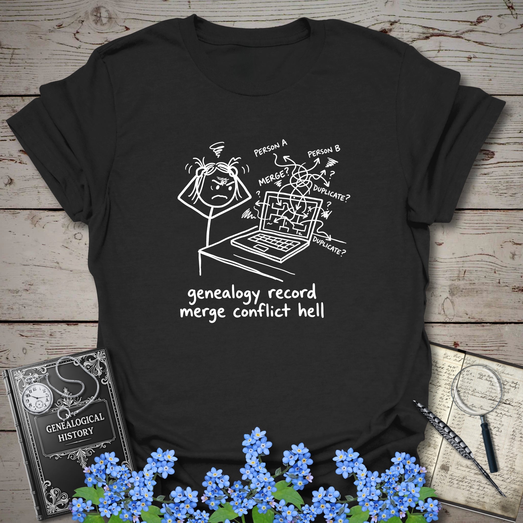 Genealogy Record Merge Conflict Hell T-Shirt in Black by Genealogy Keepsakes