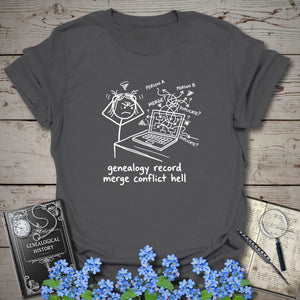 Genealogy Record Merge Conflict Hell T-Shirt in Charcoal by Genealogy Keepsakes