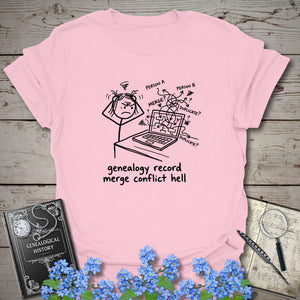 Genealogy Record Merge Conflict Hell T-Shirt in Light Pink by Genealogy Keepsakes