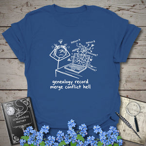 Genealogy Record Merge Conflict Hell T-Shirt in Royal by Genealogy Keepsakes