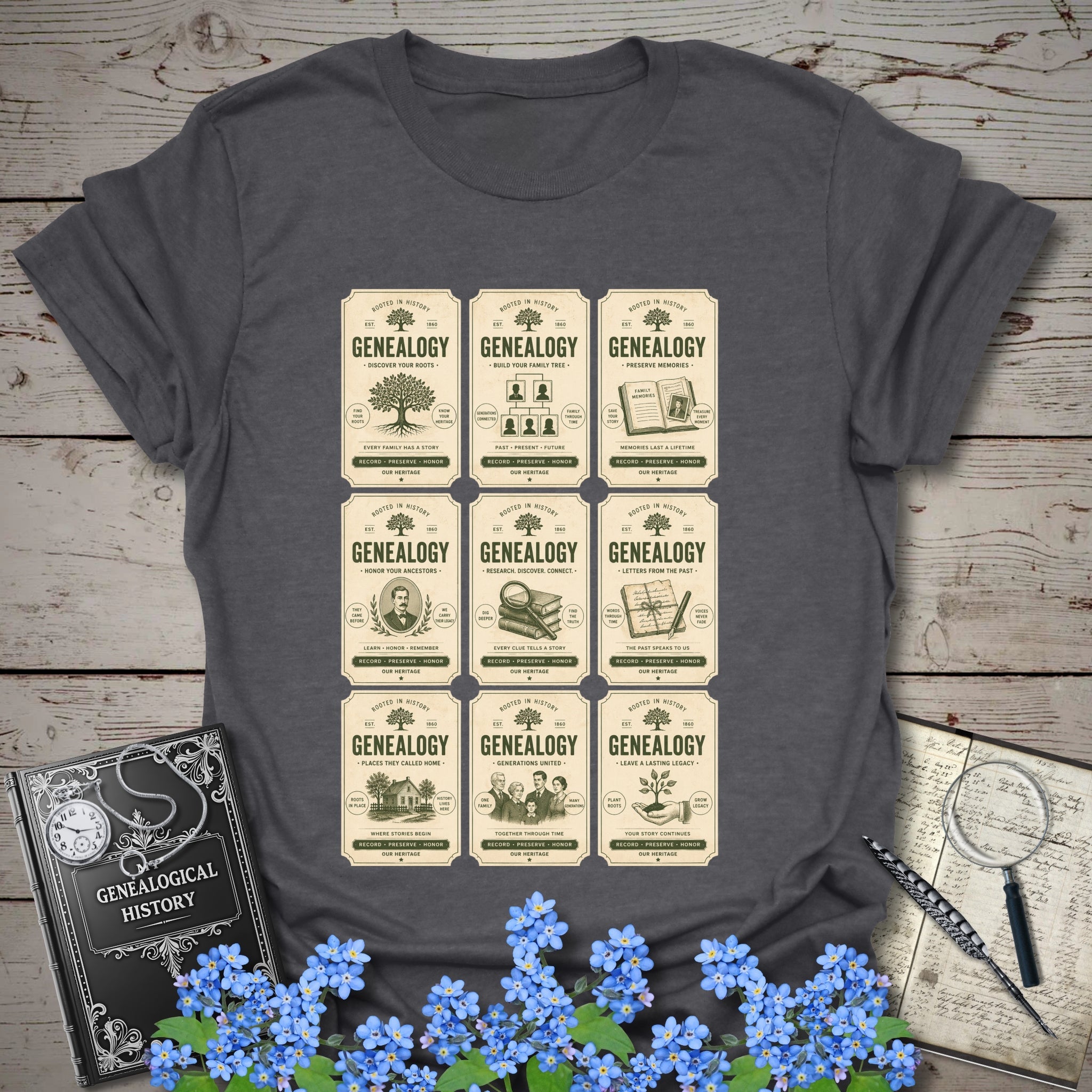 Genealogy Vintage Label Grid T-Shirt in Dark Heather Grey by Genealogy Keepsakes