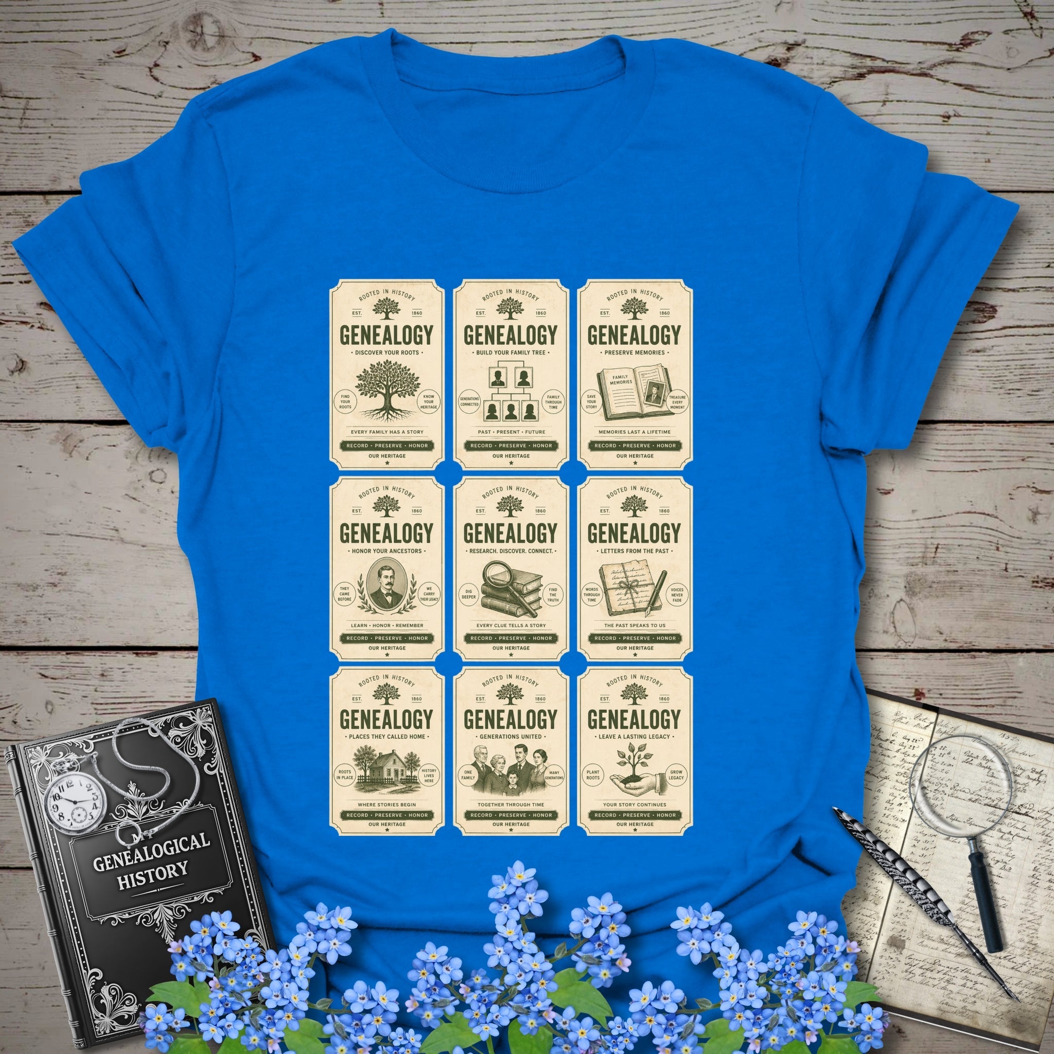 Genealogy Vintage Label Grid T-Shirt in Royal by Genealogy Keepsakes