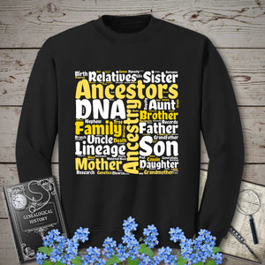 Genealogy Word Cloud Sweatshirt in Black by Genealogy Keepsakes