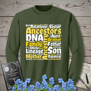 Genealogy Word Cloud Sweatshirt in Military Green by Genealogy Keepsakes
