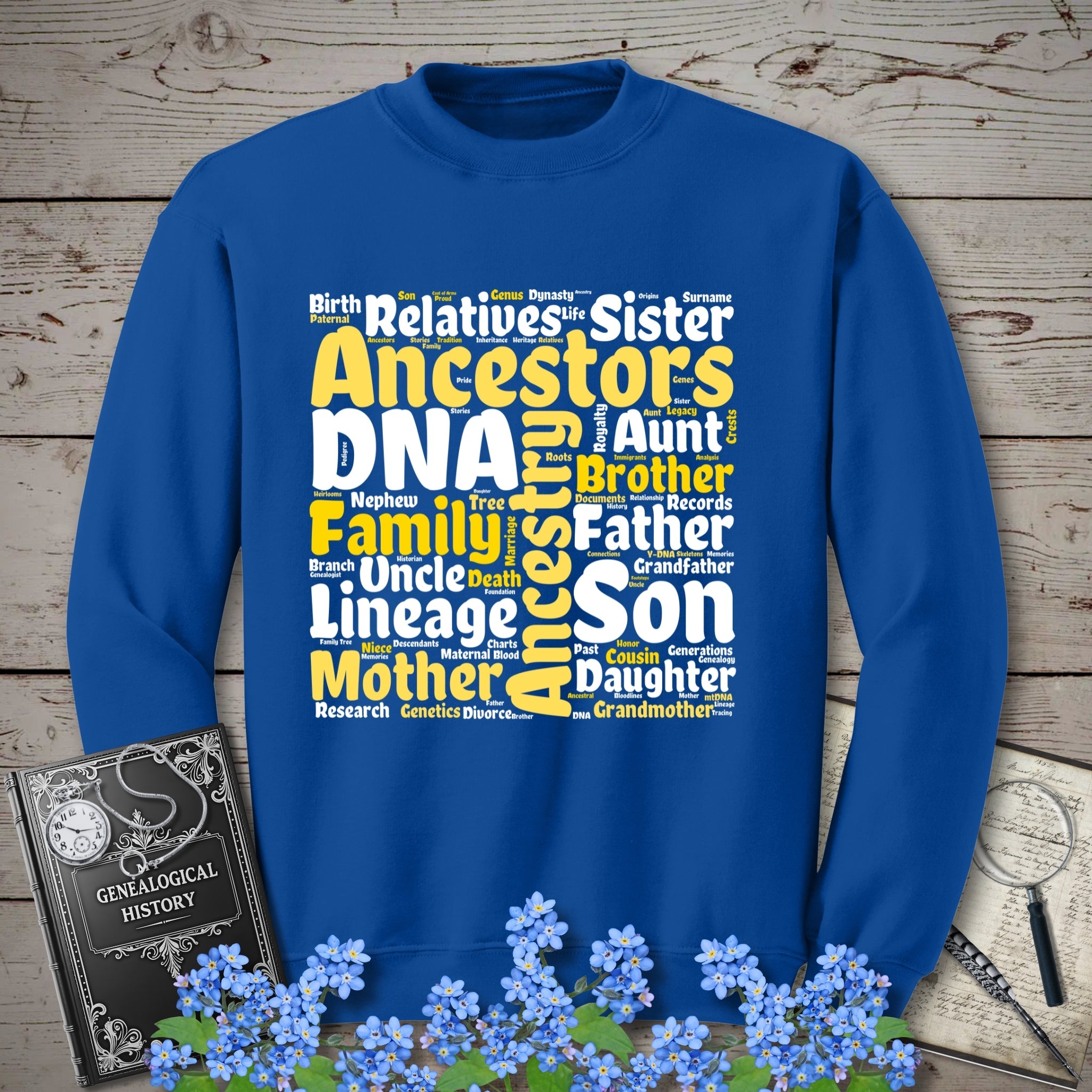 Genealogy Word Cloud Sweatshirt in Royal by Genealogy Keepsakes
