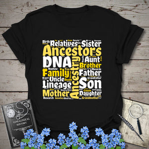 Genealogy Word Cloud T-Shirt in Black by Genealogy Keepsakes