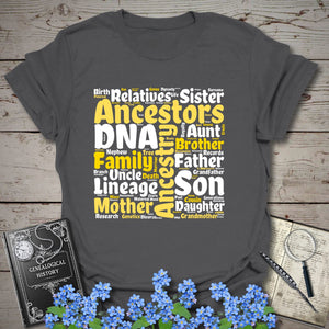 Genealogy Word Cloud T-Shirt in Charcoal by Genealogy Keepsakes