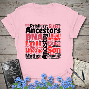 Genealogy Word Cloud T-Shirt in Light Pink by Genealogy Keepsakes