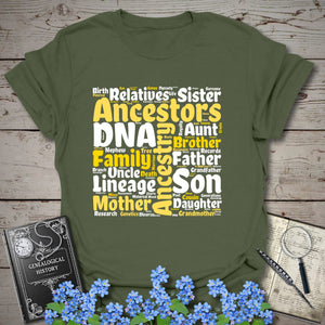 Genealogy Word Cloud T-Shirt in Military Green by Genealogy Keepsakes