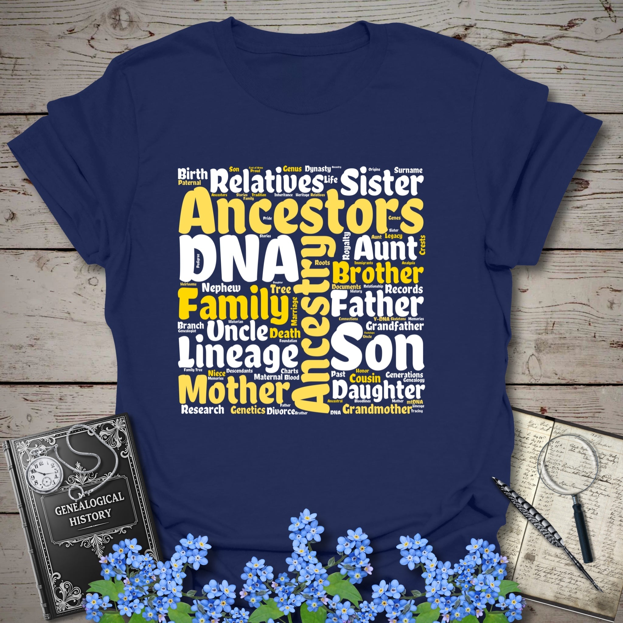 Genealogy Word Cloud T-Shirt in Navy by Genealogy Keepsakes