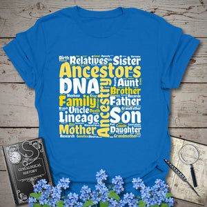 Genealogy Word Cloud T-Shirt in Royal by Genealogy Keepsakes