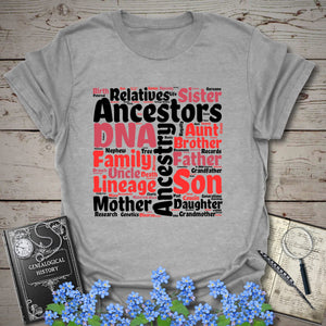 Genealogy Word Cloud T-Shirt in Sport Grey by Genealogy Keepsakes