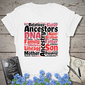 Genealogy Word Cloud T-Shirt in White by Genealogy Keepsakes