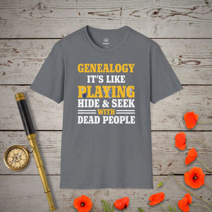 Hide & Seek T-Shirt in Graphite Heather by Genealogy Keepsakes