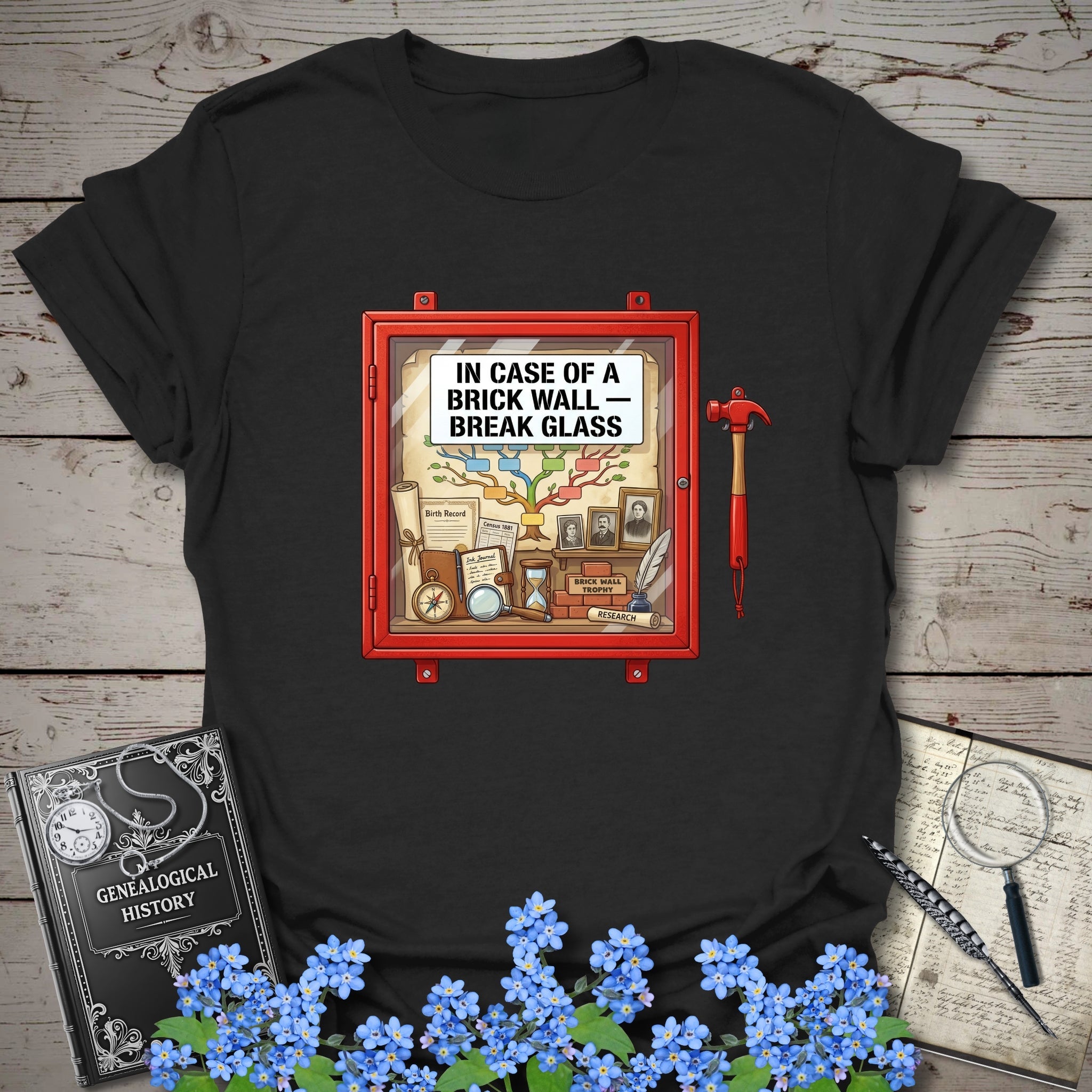 In Case Of A Brick Wall - Break Glass T-Shirt in Black by Genealogy Keepsakes