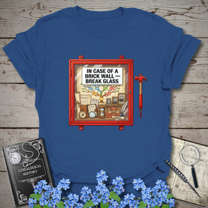 In Case Of A Brick Wall - Break Glass T-Shirt in Royal by Genealogy Keepsakes