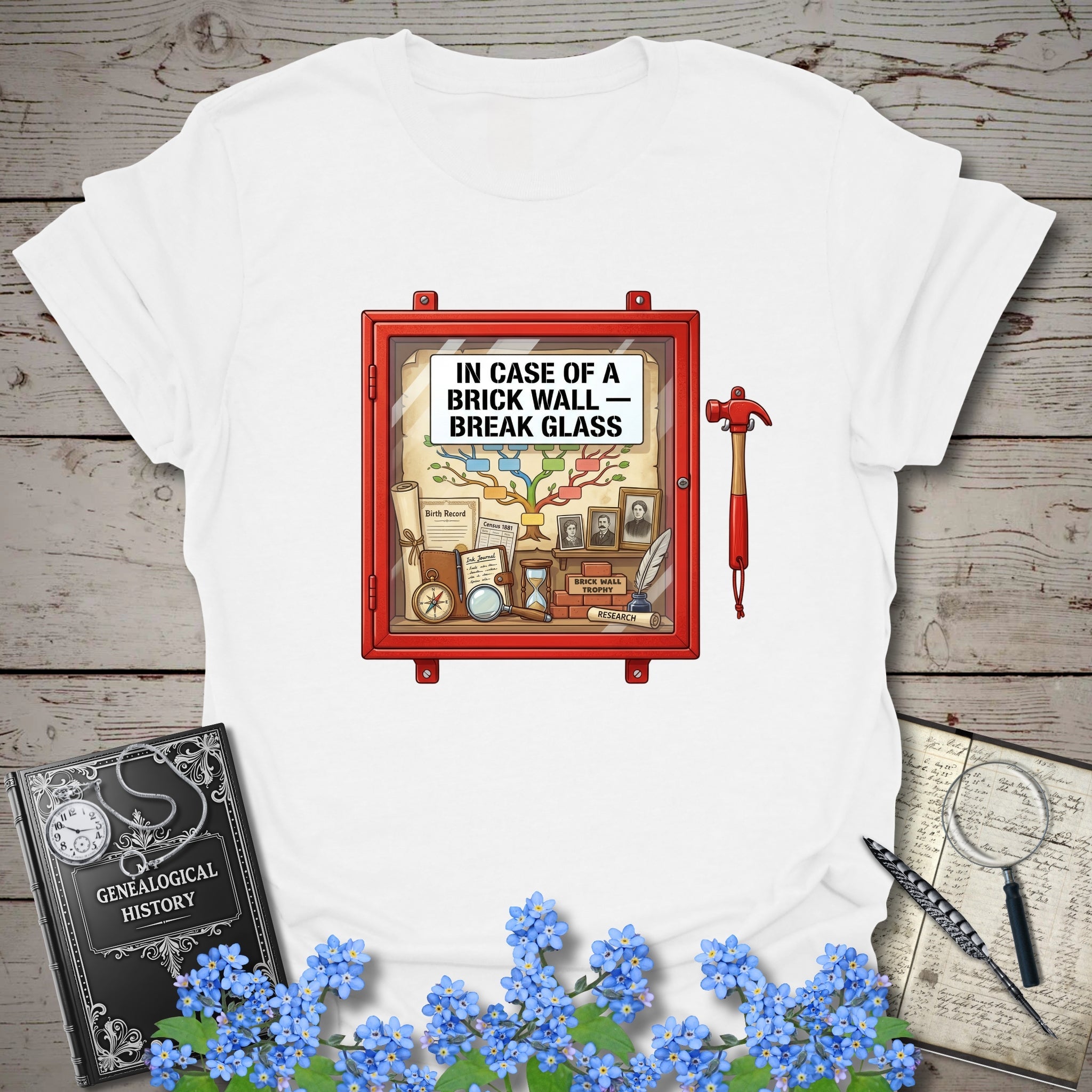 In Case Of A Brick Wall - Break Glass T-Shirt in White by Genealogy Keepsakes