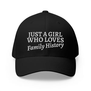 Just A Girl Who Loves Family History Embroidered Cap in Black by Genealogy Keepsakes