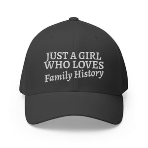 Just A Girl Who Loves Family History Embroidered Cap in Dark Grey by Genealogy Keepsakes