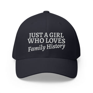 Just A Girl Who Loves Family History Embroidered Cap in Dark Navy by Genealogy Keepsakes
