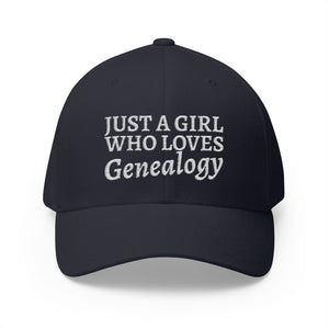 Just A Girl Who Loves Genealogy Embroidered Cap in Dark Navy by Genealogy Keepsakes