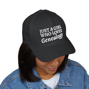 Just A Girl Who Loves Genealogy Embroidered Cap in Dark Navy by Genealogy Keepsakes