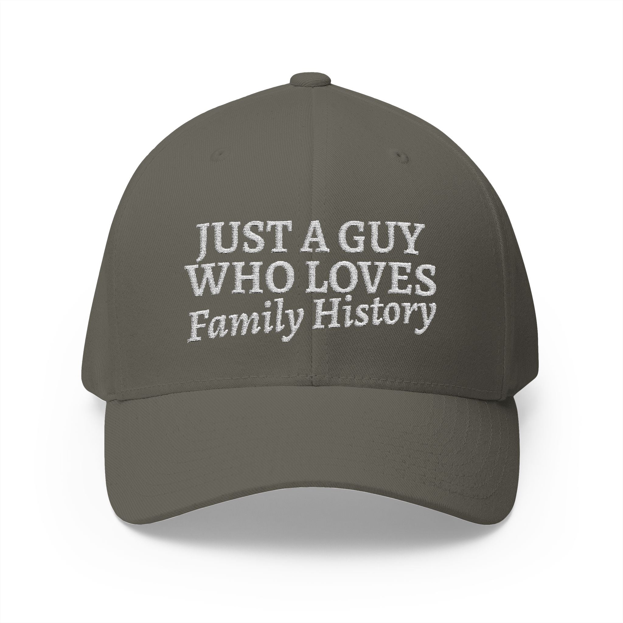 Just A Guy Who Loves Family History Embroidered Cap in Olive by Genealogy Keepsakes