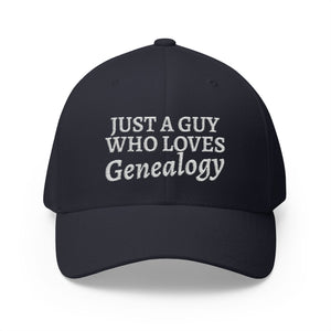 Just A Guy Who Loves Genealogy Embroidered Cap in Dark Navy by Genealogy Keepsakes