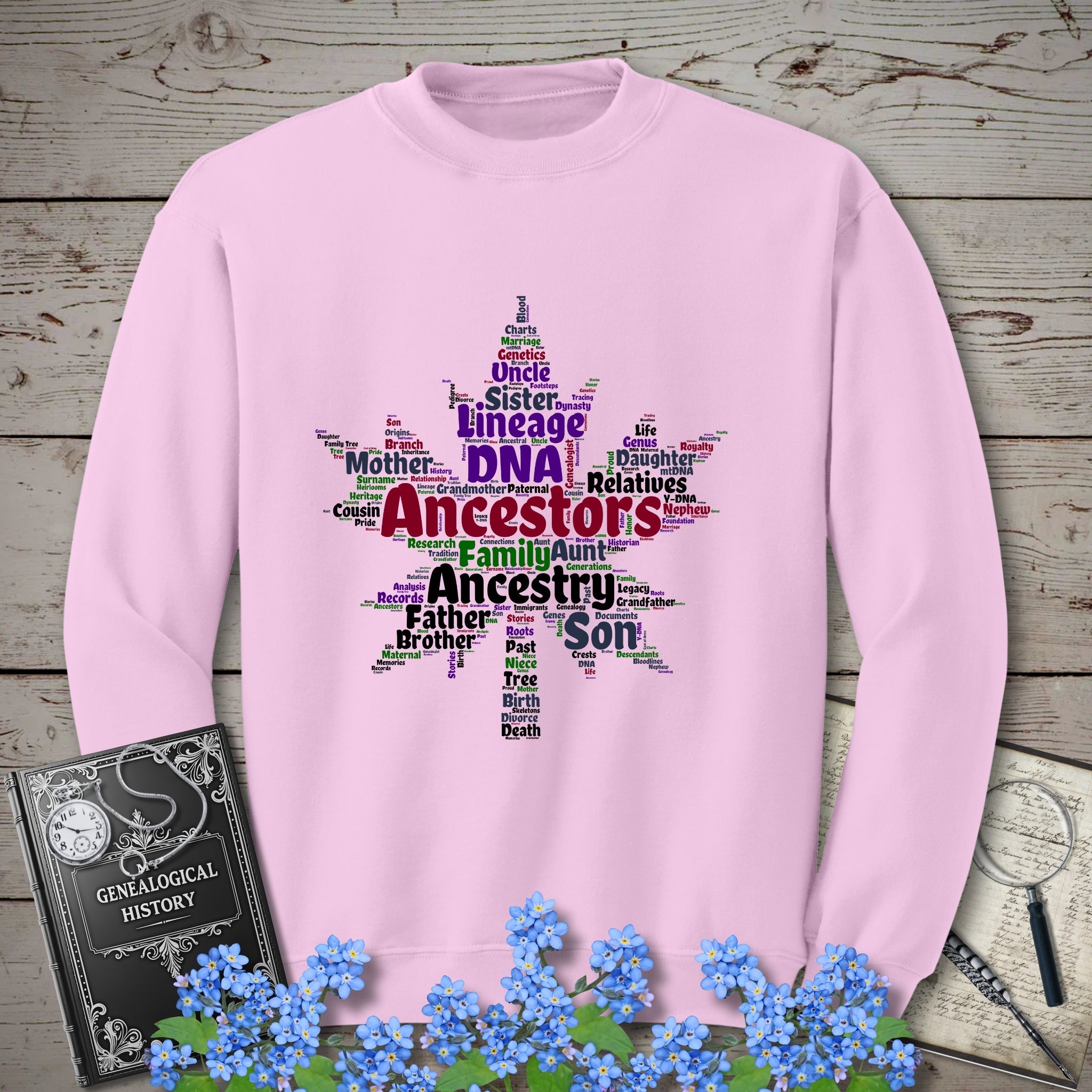 Maple Leaf Word Cloud Sweatshirt in Light Pink by Genealogy Keepsakes