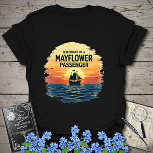 Mayflower Passenger Descendant T-Shirt in Black by Genealogy Keepsakes