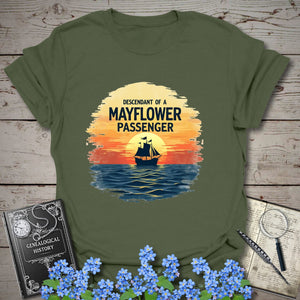 Mayflower Passenger Descendant T-Shirt in Military Green by Genealogy Keepsakes