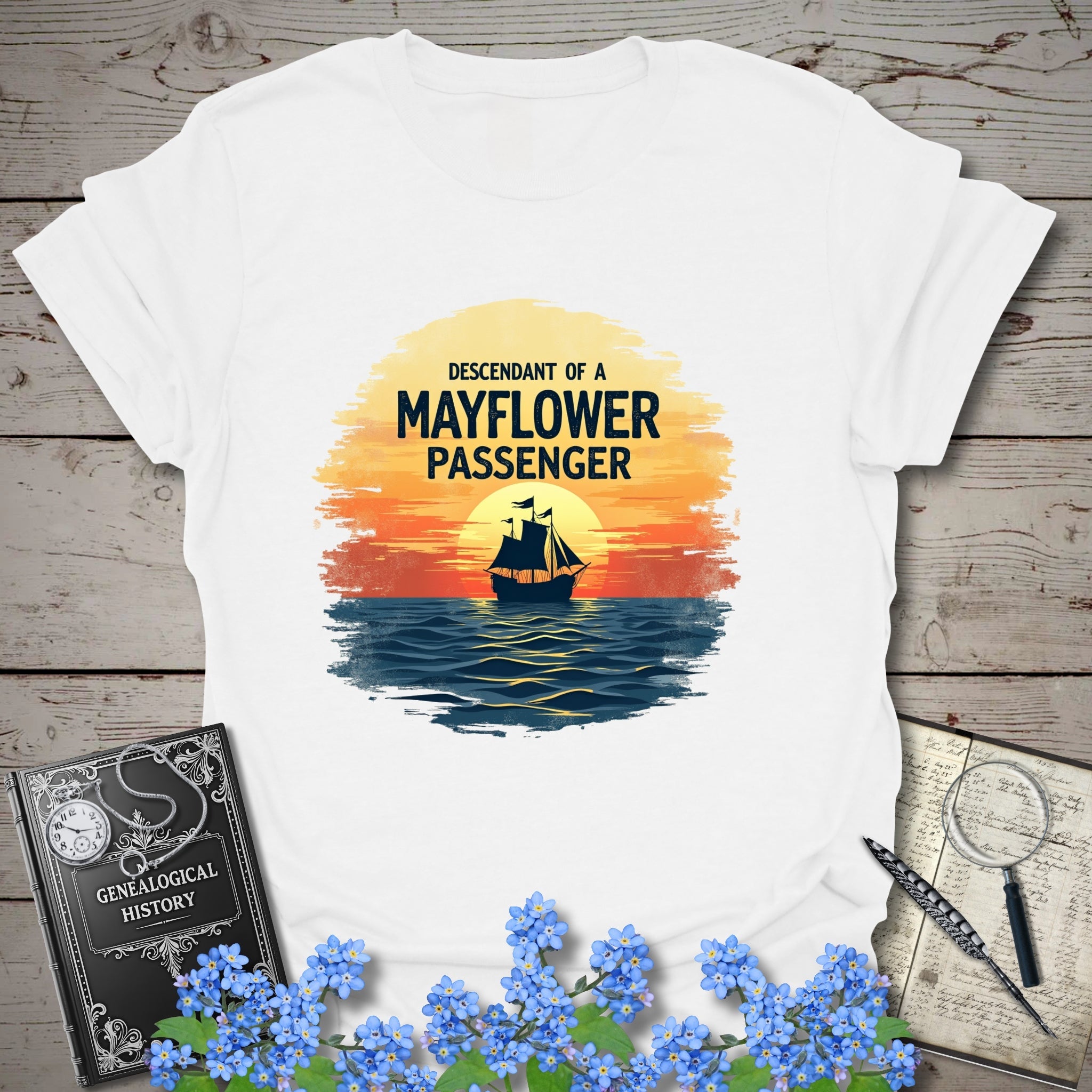 Mayflower Passenger Descendant T-Shirt in White by Genealogy Keepsakes