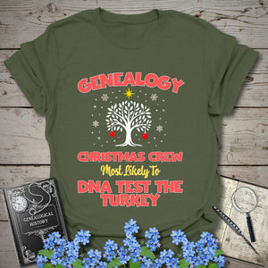 Most Likely To DNA Test The Turkey T-Shirt in Military Green by Genealogy Keepsakes