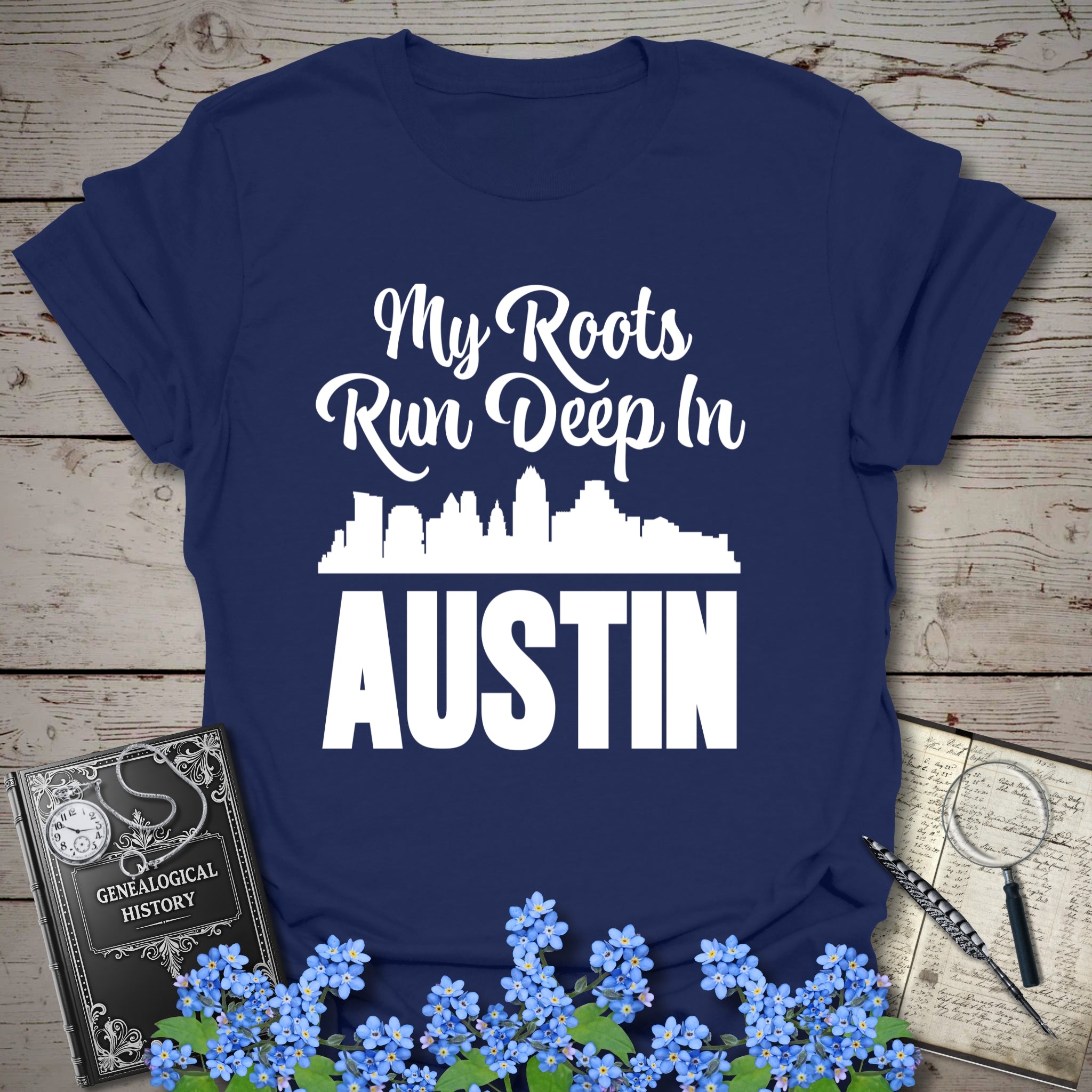 My Roots Run Deep In Austin T-Shirt in Navy by Genealogy Keepsakes