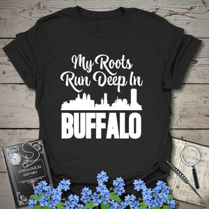 My Roots Run Deep In Buffalo T-Shirt in Black by Genealogy Keepsakes
