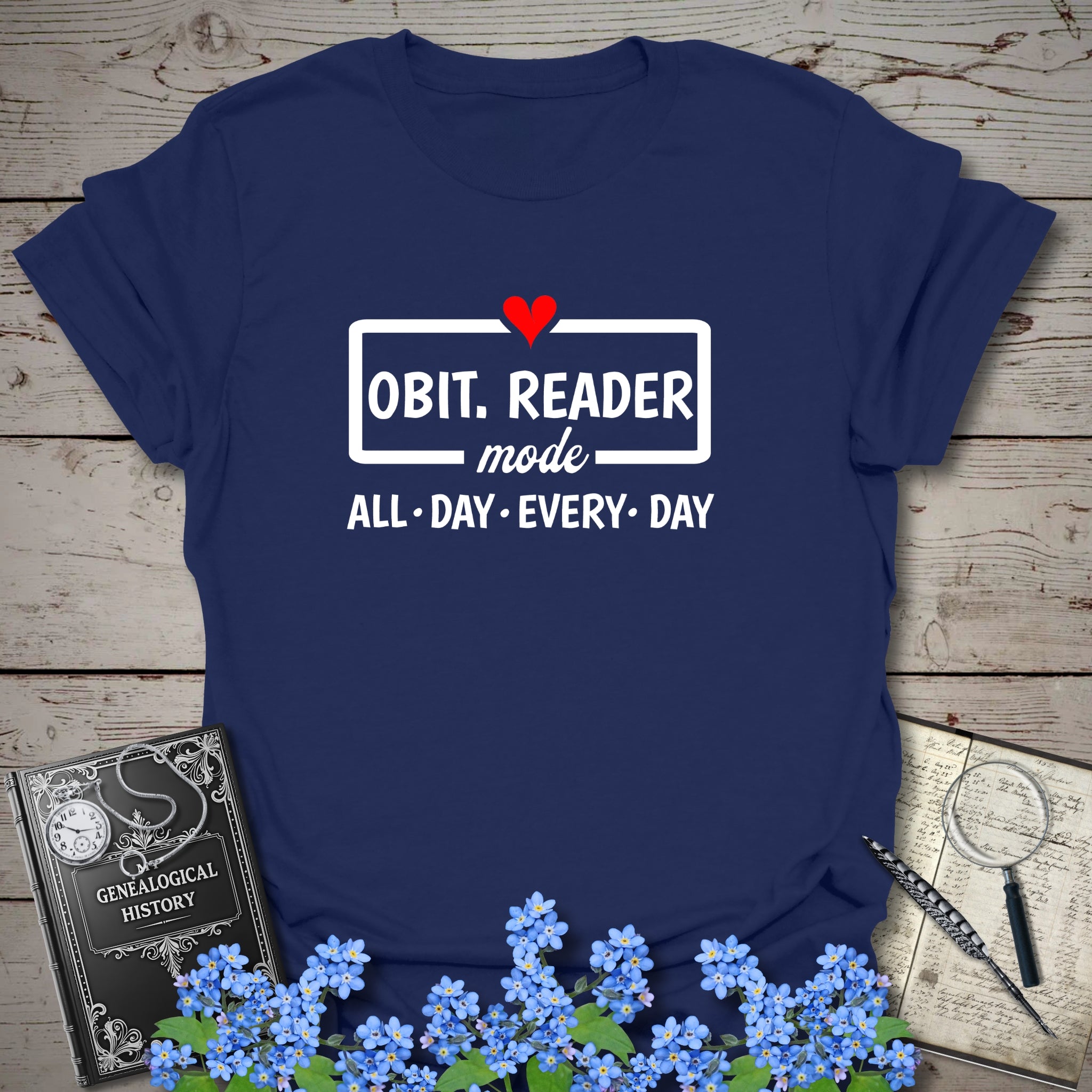 Obit. Reader Mode T-Shirt in Navy by Genealogy Keepsakes
