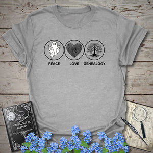 Peace, Love, Genealogy T-Shirt - Genealogy Keepsakes Custom Genealogy Gift - Sport Grey S