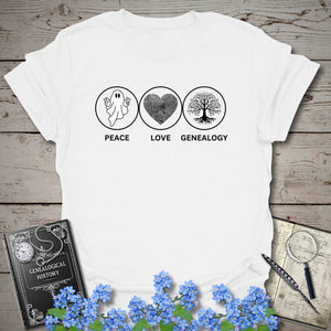 Peace, Love, Genealogy T-Shirt - Genealogy Keepsakes Custom Genealogy Gift - White S
