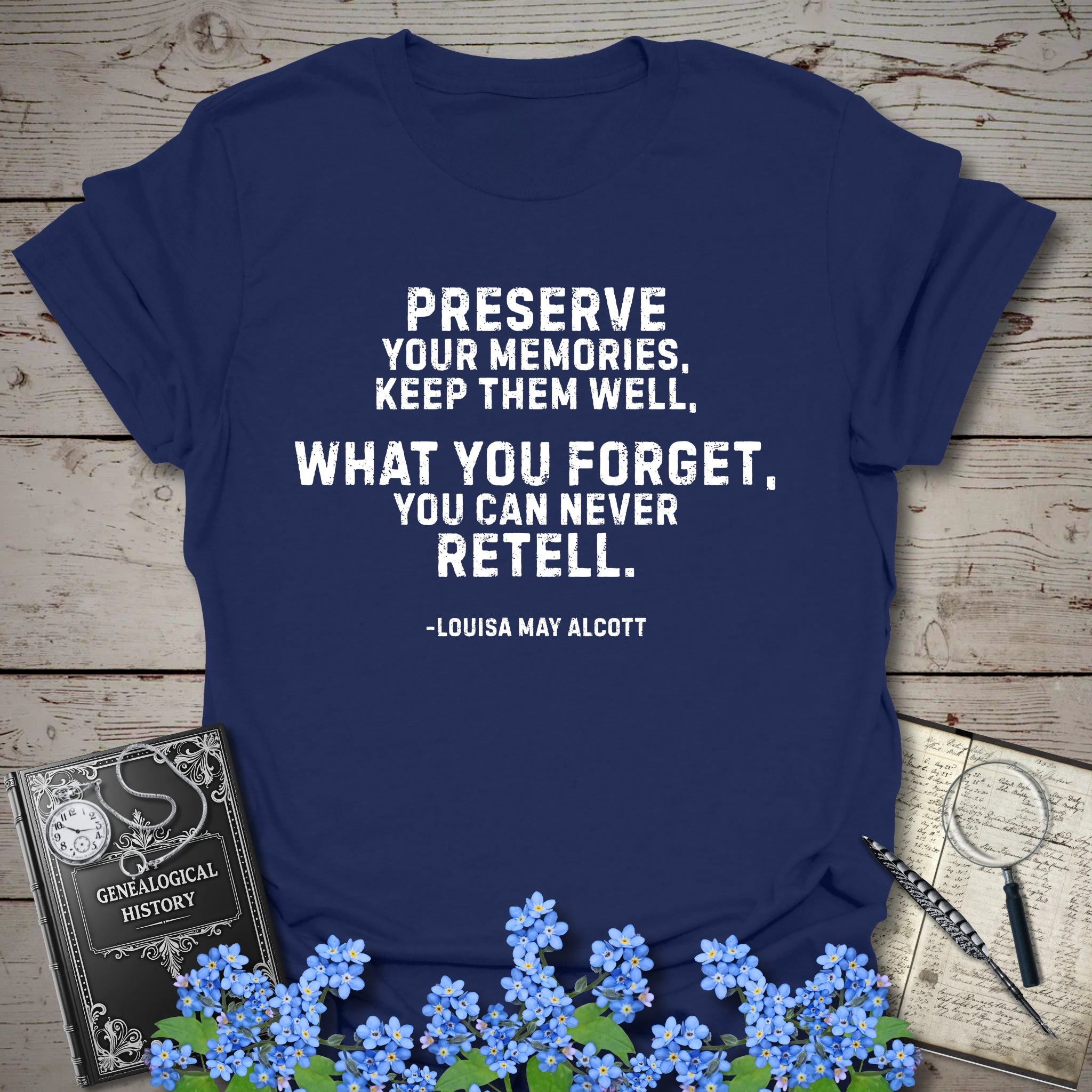 Preserve Your Memories T-Shirt in Navy by Genealogy Keepsakes