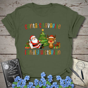 Santa's Favorite Family Historian T-Shirt in Military Green by Genealogy Keepsakes