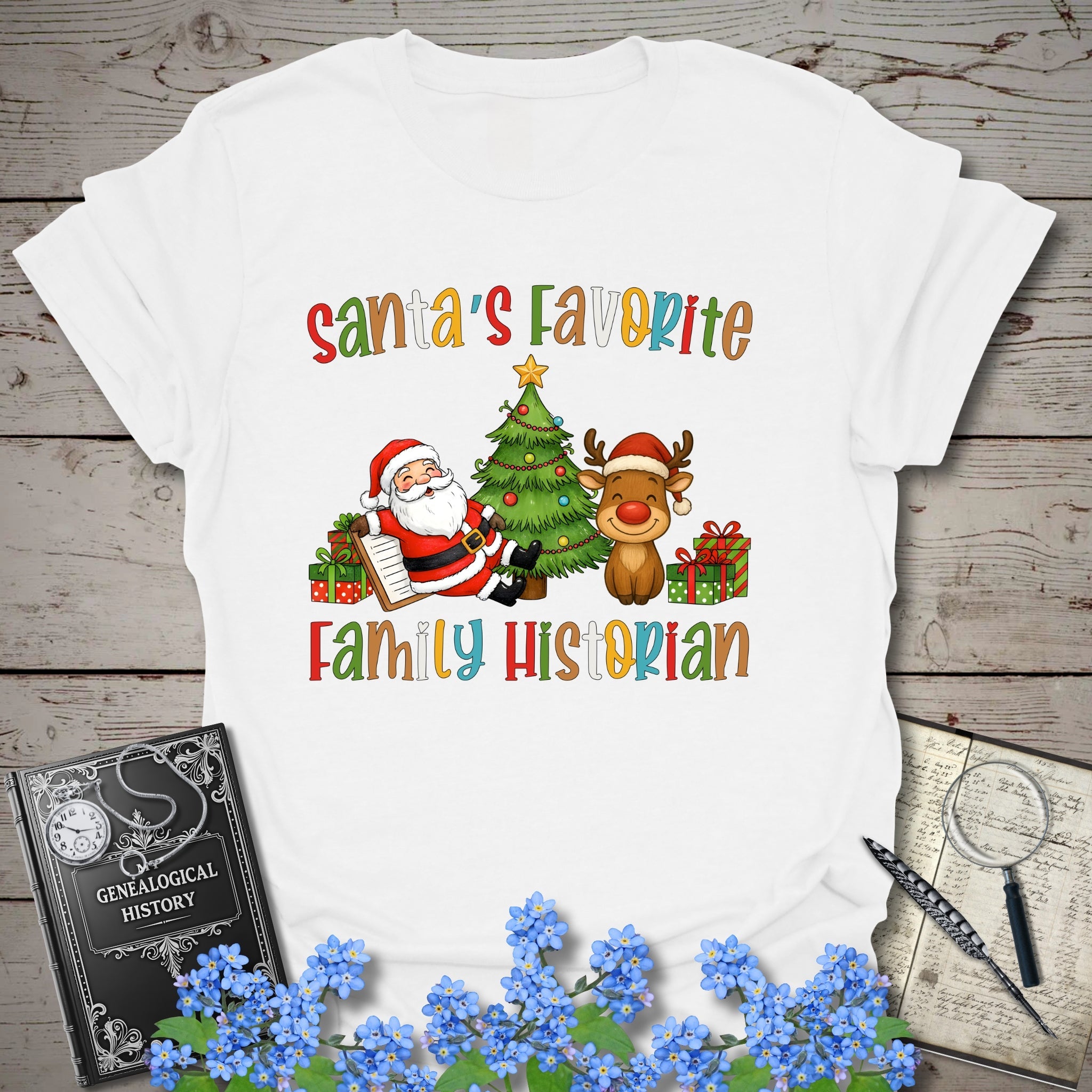 Santa's Favorite Family Historian T-Shirt in White by Genealogy Keepsakes