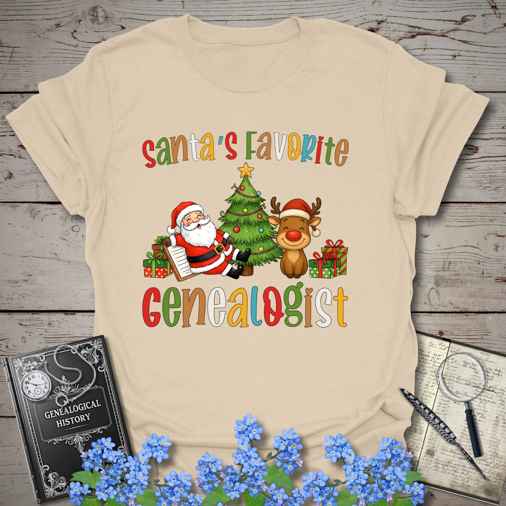 Santa's Favorite Genealogist T-Shirt in Sand by Genealogy Keepsakes