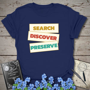 Search Discover Preserve T-Shirt in Navy by Genealogy Keepsakes
