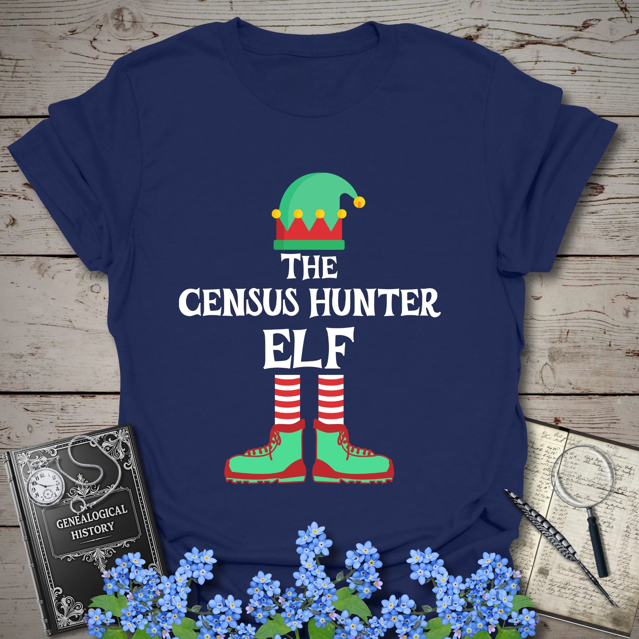 The Census Hunter Elf T-Shirt in Navy by Genealogy Keepsakes